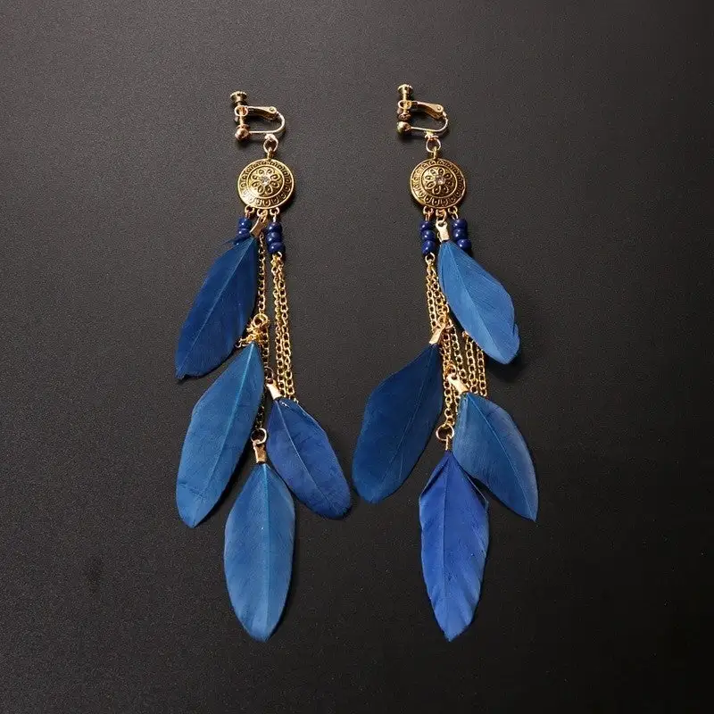 Minimal Feather Beaded Tassel Drop Earrings