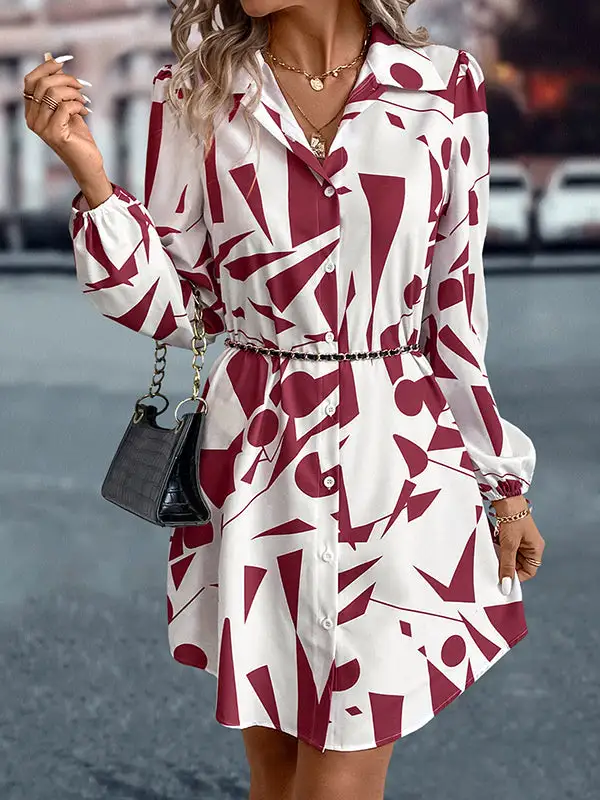 Relaxed Puff Sleeve Printed Split Joint Lapel Mini Dress Shirt Dress