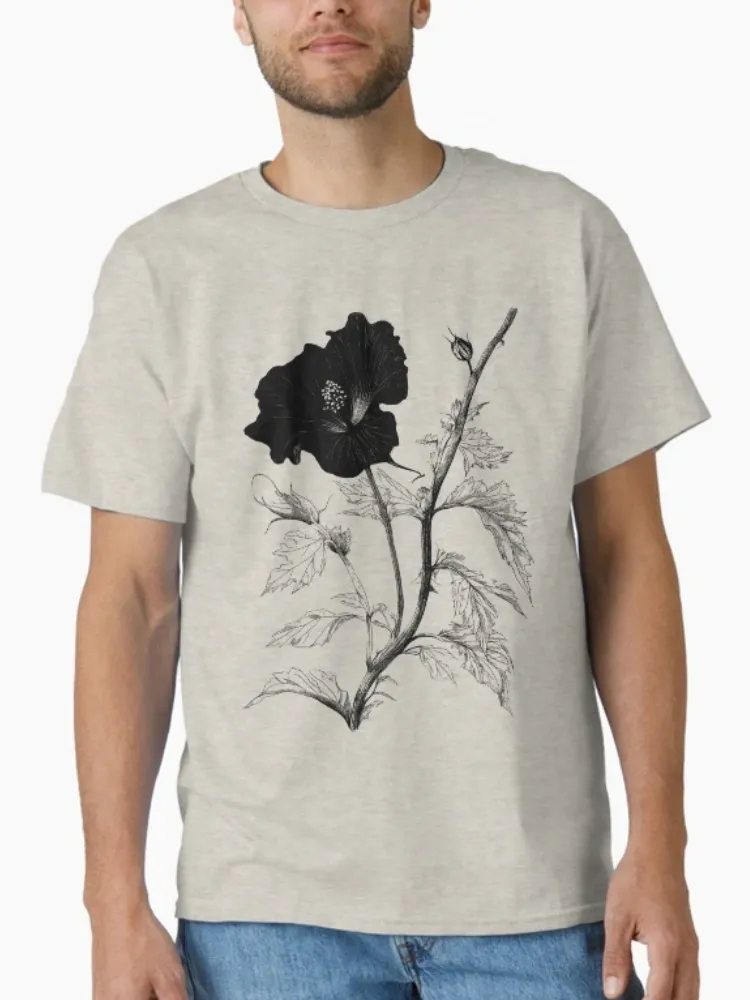 Women's Delicate Black Floral Pattern Print Crew Neck Short-Sleeve T-Shirt