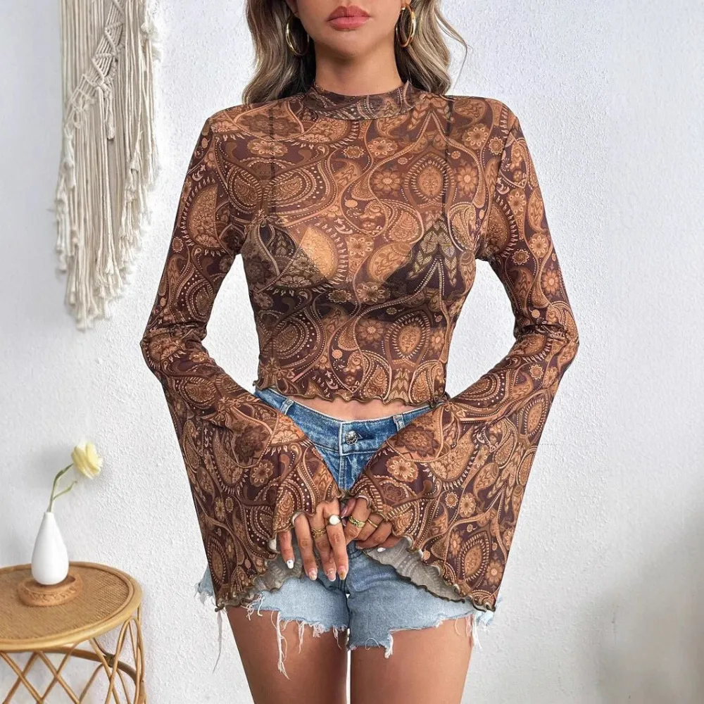 Flared Sleeve Mesh Blouse