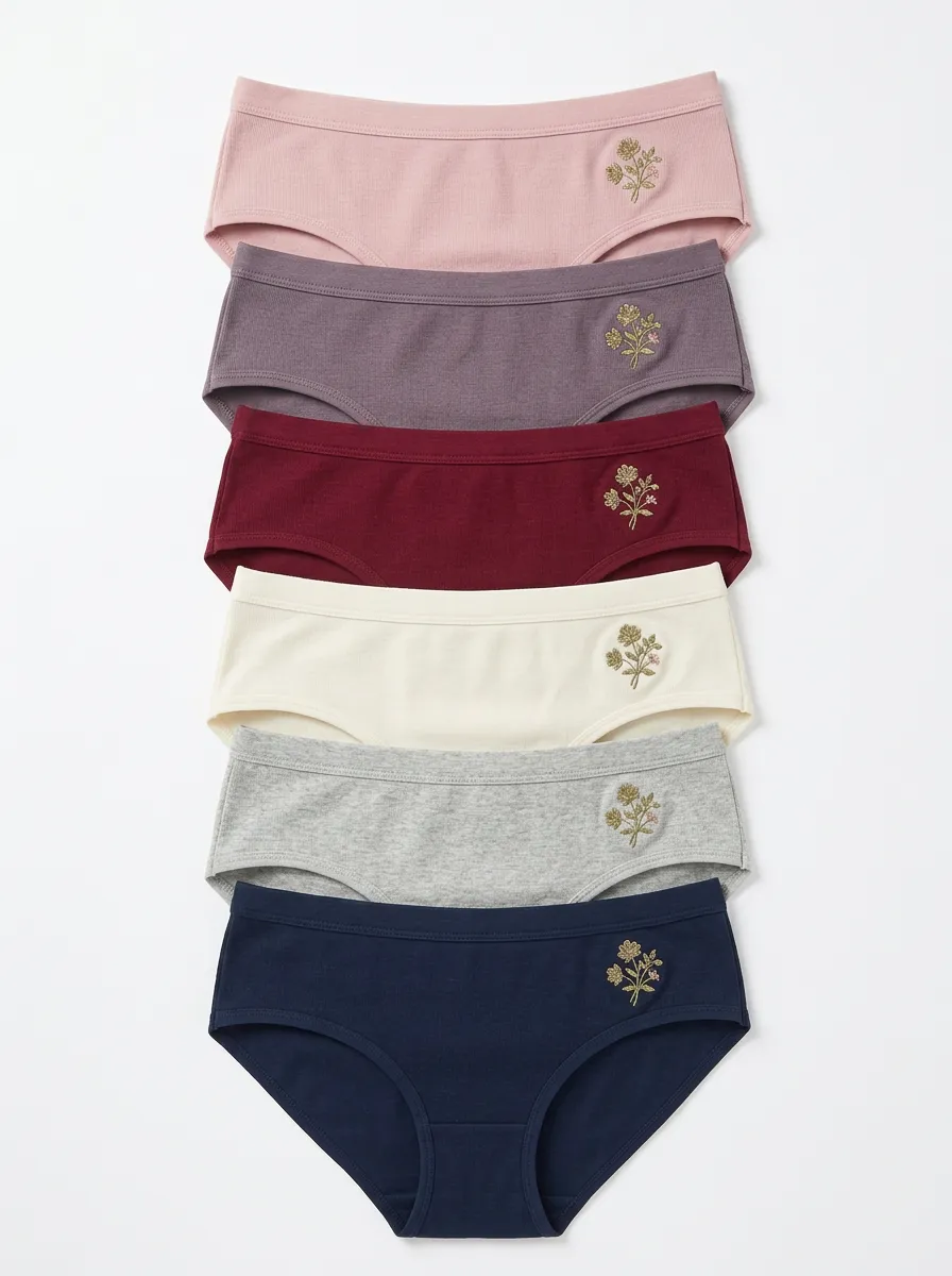 Women's Six-Pair Ribbed Side-Floral Embroidered Brief Set
