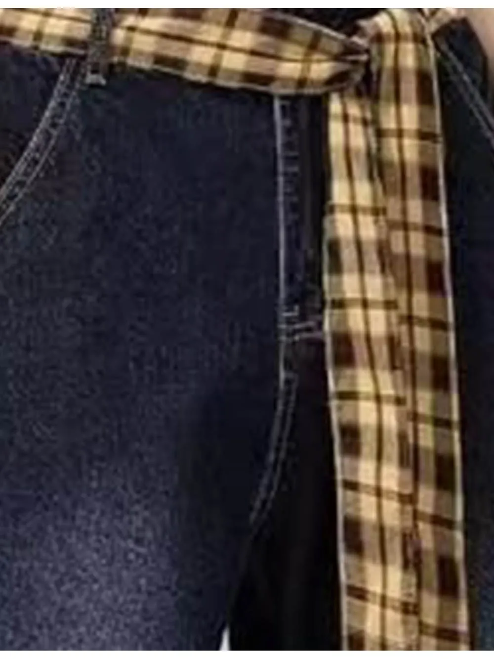 Vintage Checked Patch Belt Wide Leg Denim Pants