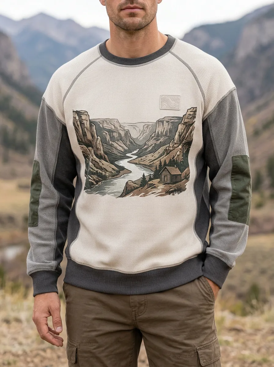 Men's Nature Cabin Canyon Landscape Printed Waffle Knit Sweatshirt