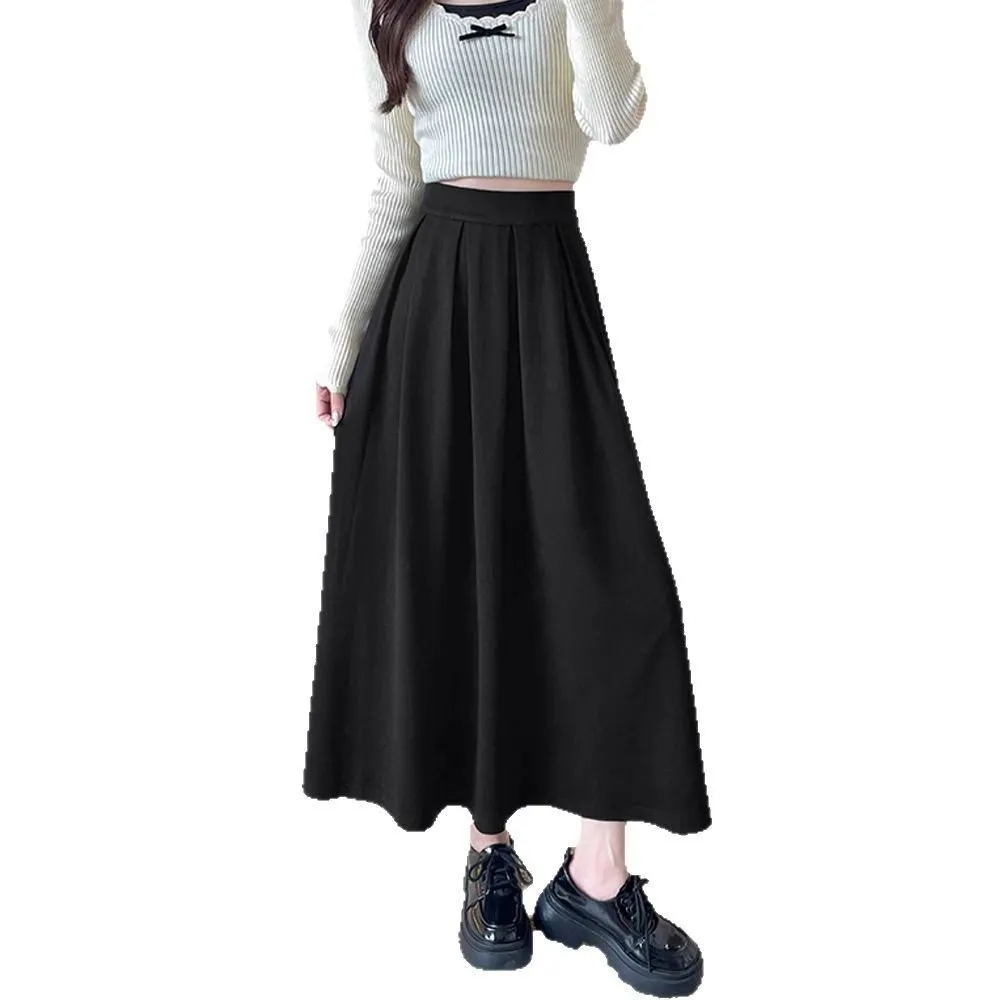 Classic High Waist Wool A-Line Pleated Midi Skirt
