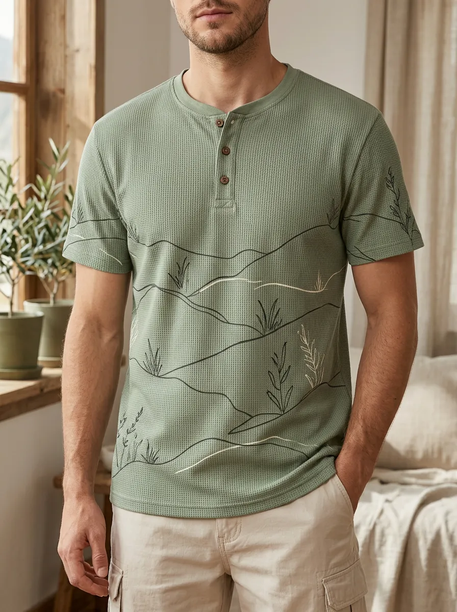 Men's Nature Landscape Minimalist Line Art Printed Henley T-Shirt