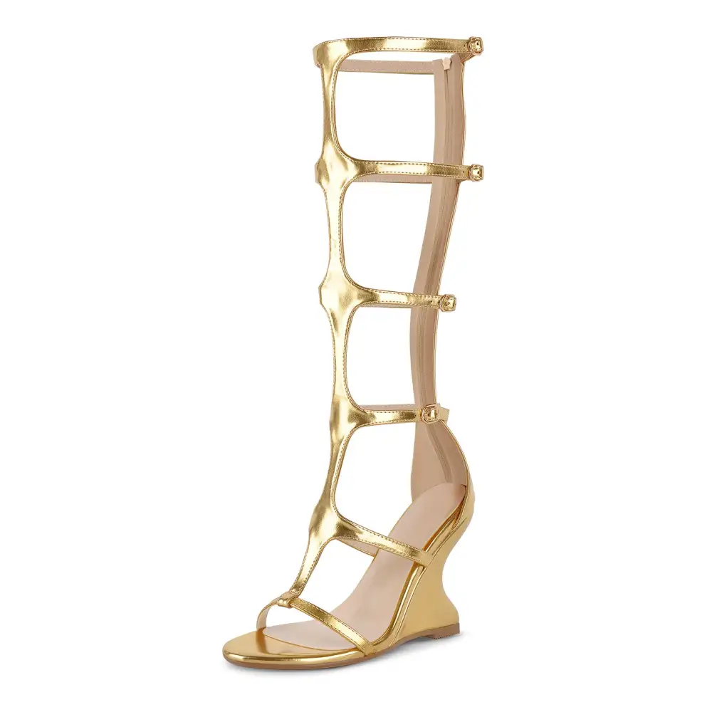 Round Toe Multi Buckles T-Strap Wedge Heel Sandals