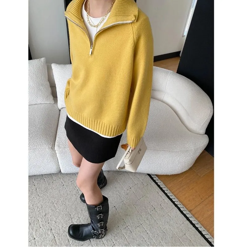 Refined High Neck Half Zip Loose Knit Sweater