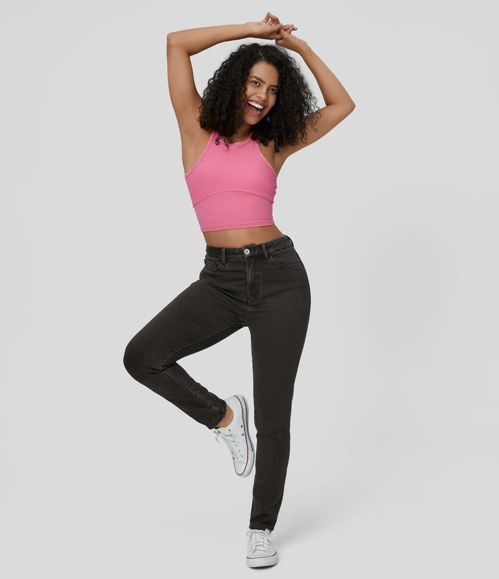 Magic High Waisted Button Zipper Multiple Pockets Stretchy Knit Casual Jeans
