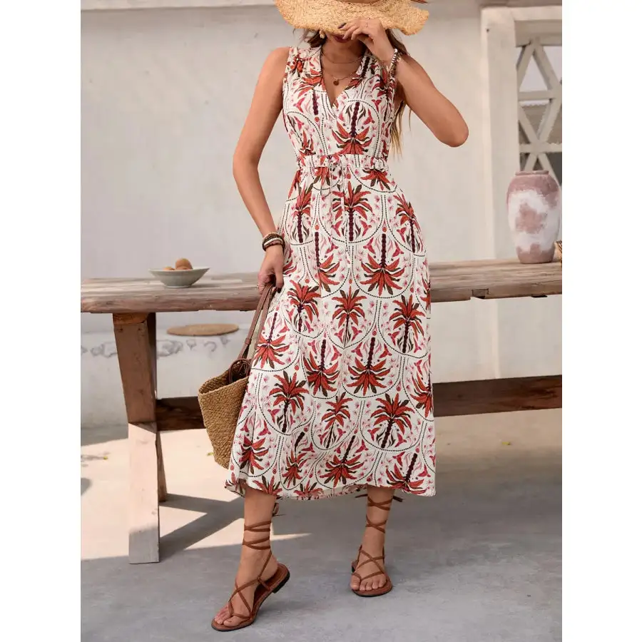 Printed V-neck Sleeveless Midi Dress