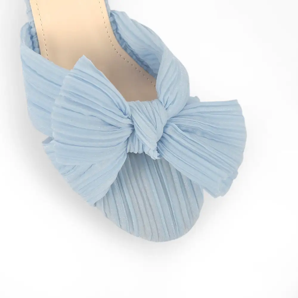 Pleated Bow Mid Chunky Heel Sandals