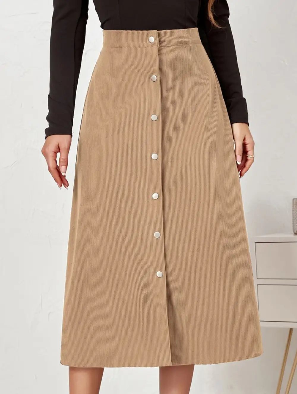 Corduroy Button Front Midi Skirt