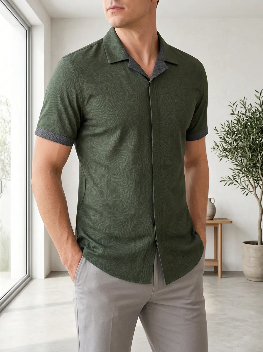 Men's Casual Tropical Leaf Printed Slim Fit Shirt