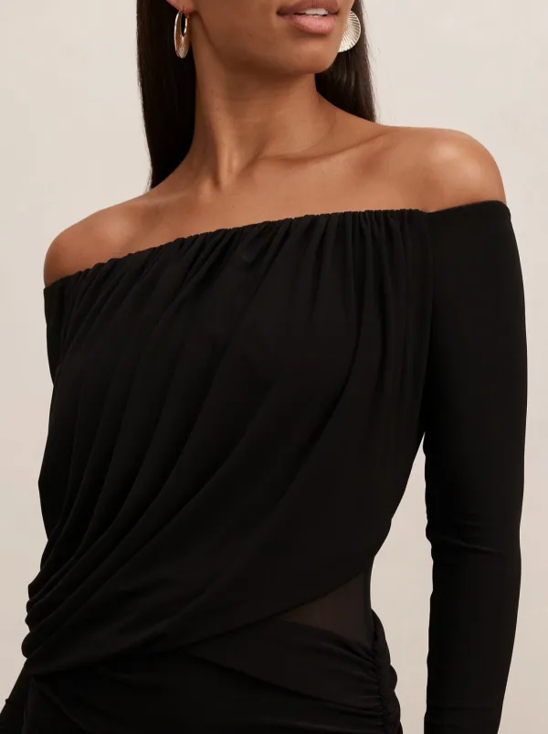 Black Off-the-Shoulder Draped Mesh Maxi Dress