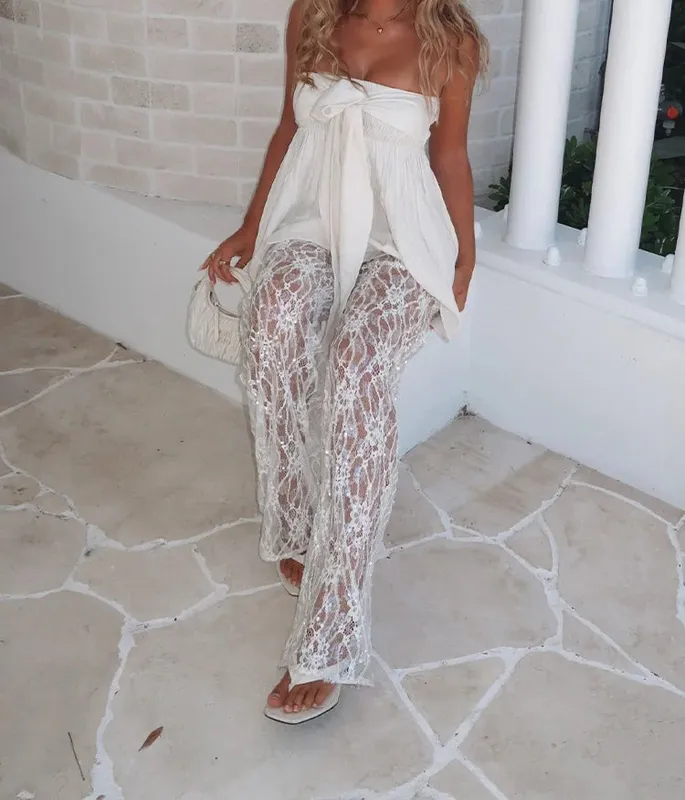 White Sequin Lace Sheer Pants