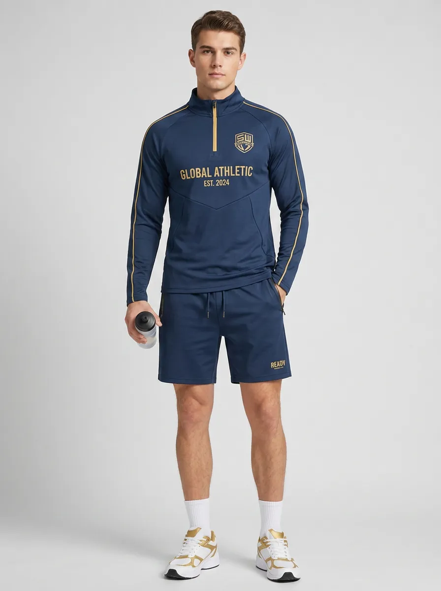Men's Global Athletic Gold Logo Printed Quarter-Zip Shorts Set