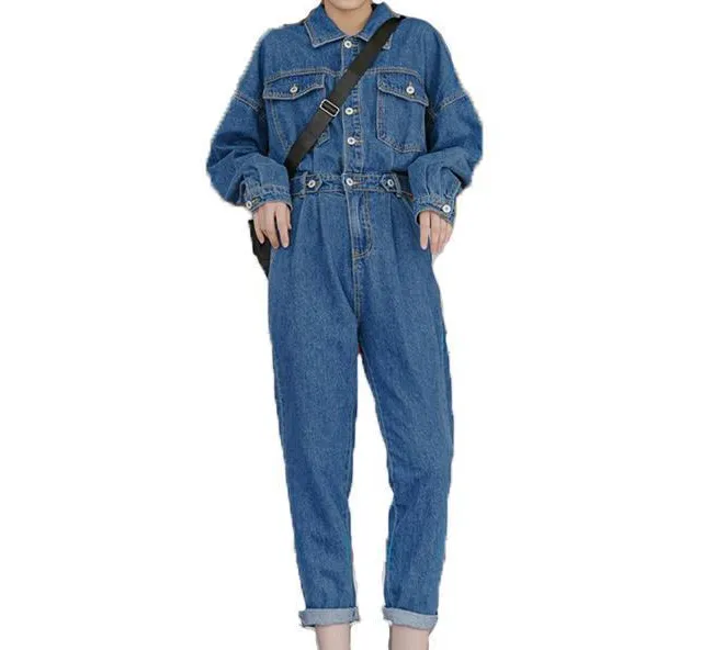 Polished Denim Elegant Collared Jumpsuit