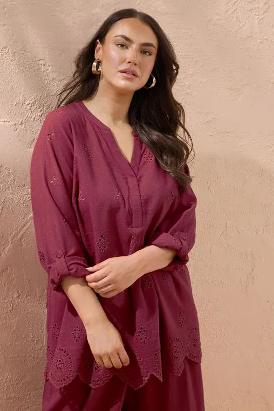 Burgundy Red Linen Broderie Blouse