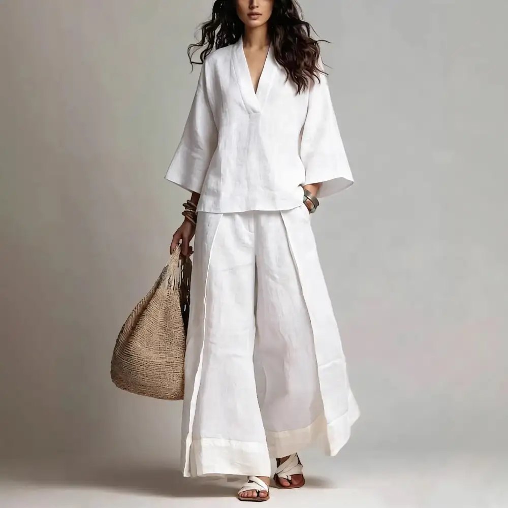 Wide-Leg V-Neck Denim Women's Matching Set