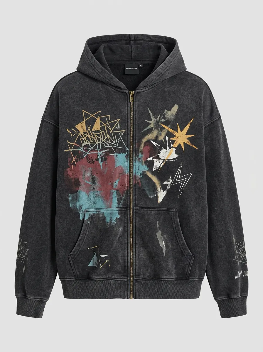 Unisex Streetwear Graffiti Star Lightning Printed Zip-up Hoodie