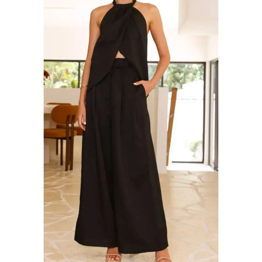 Halter Neck Top and Wide Leg Pants Set