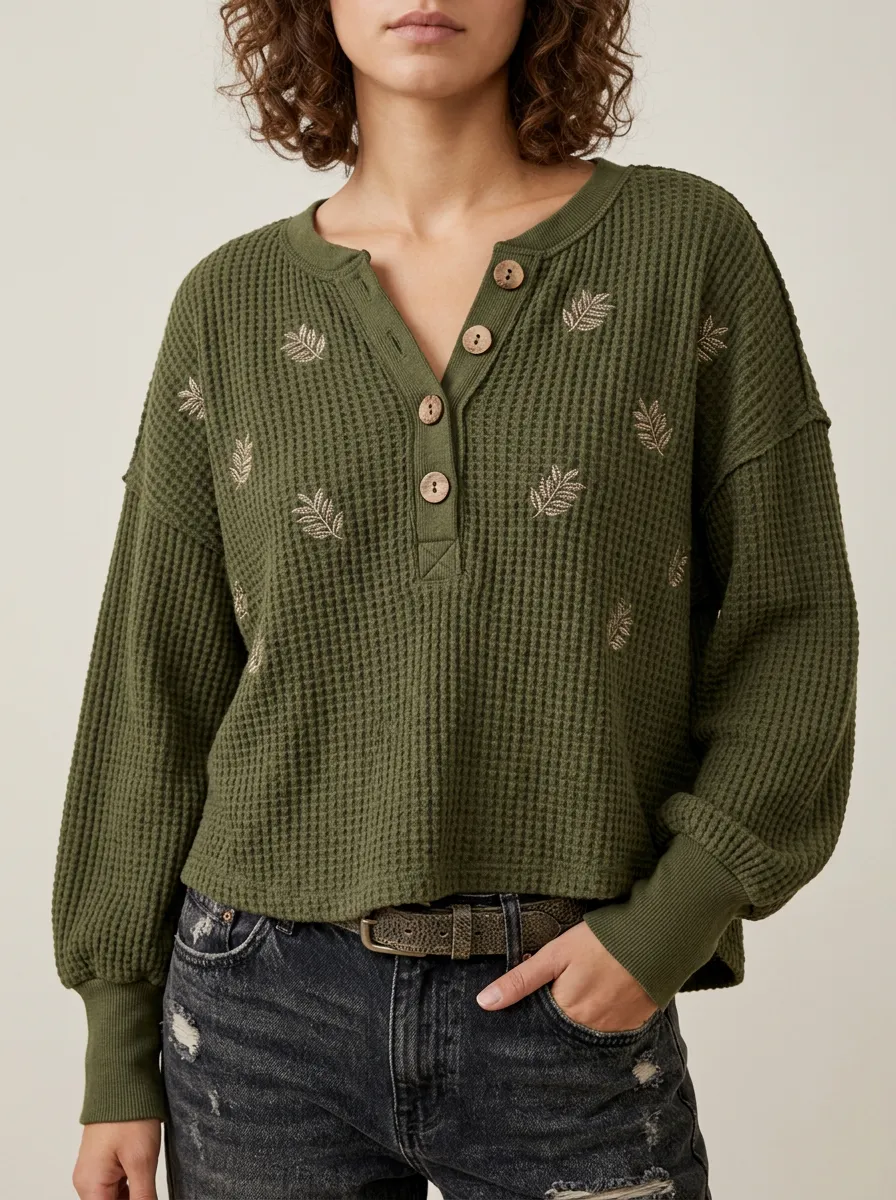 Clean Contemporary Leaf Embroidered Waffle Knit Henley Top