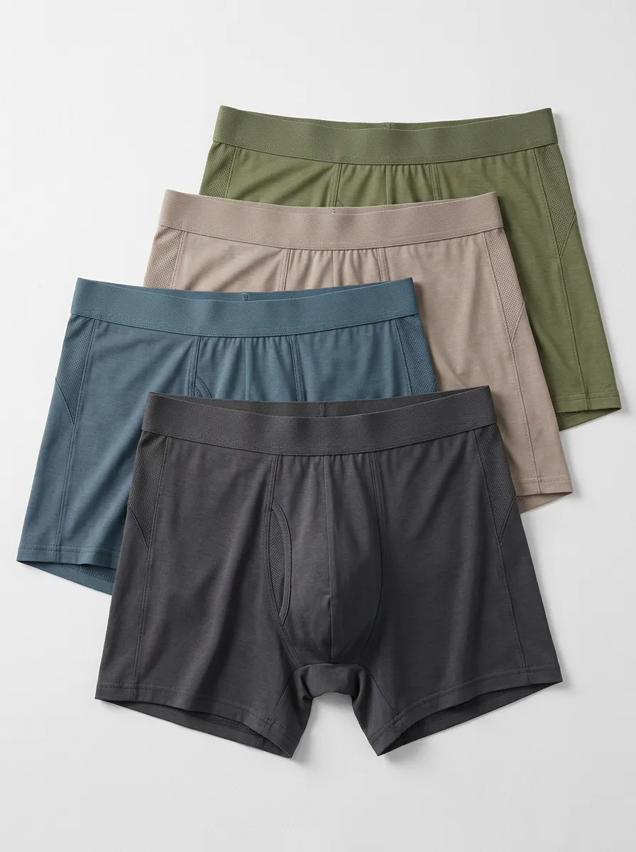 Men's Boxer Briefs Four-Pack with Mesh Breathable-Look Cotton Contoured Pouch