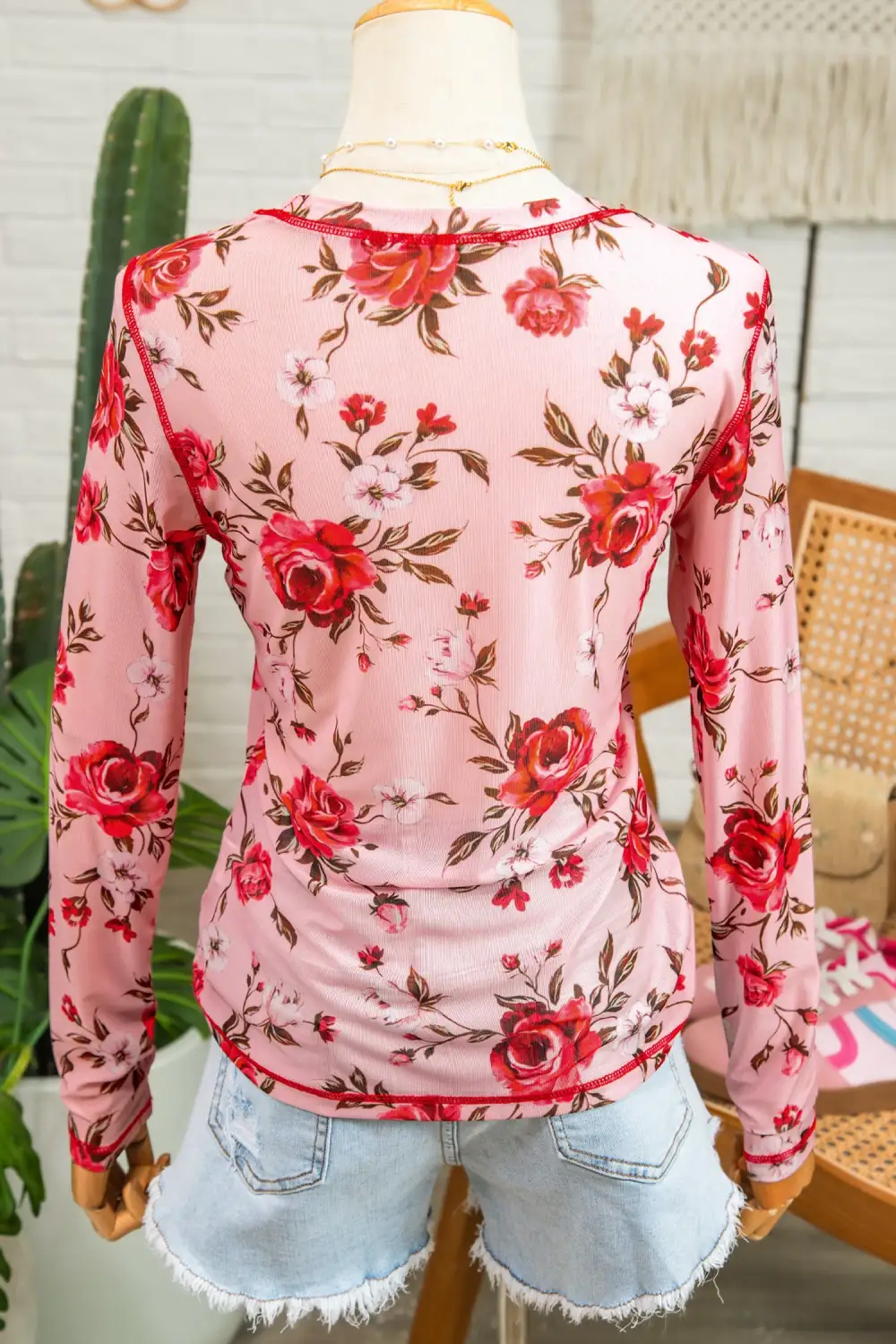 Classic Floral Print Mesh Stretch Fabric Long Sleeve Top