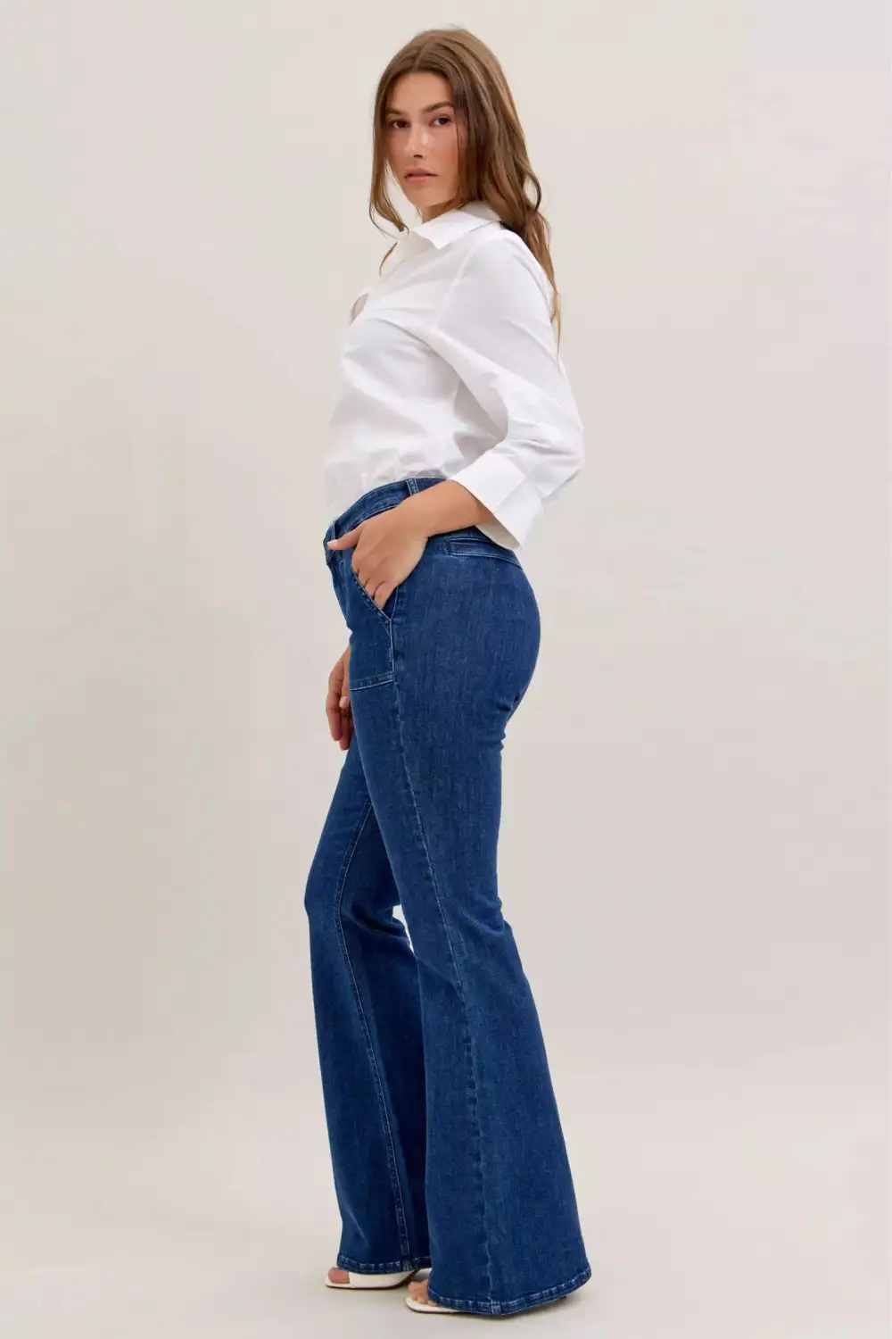 High Waist Flare Leg Pocketed Denim Jeans