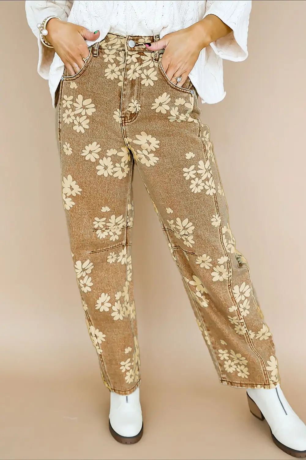 Women's Floral Print Metal Button Pleated Straight Leg Jeans
