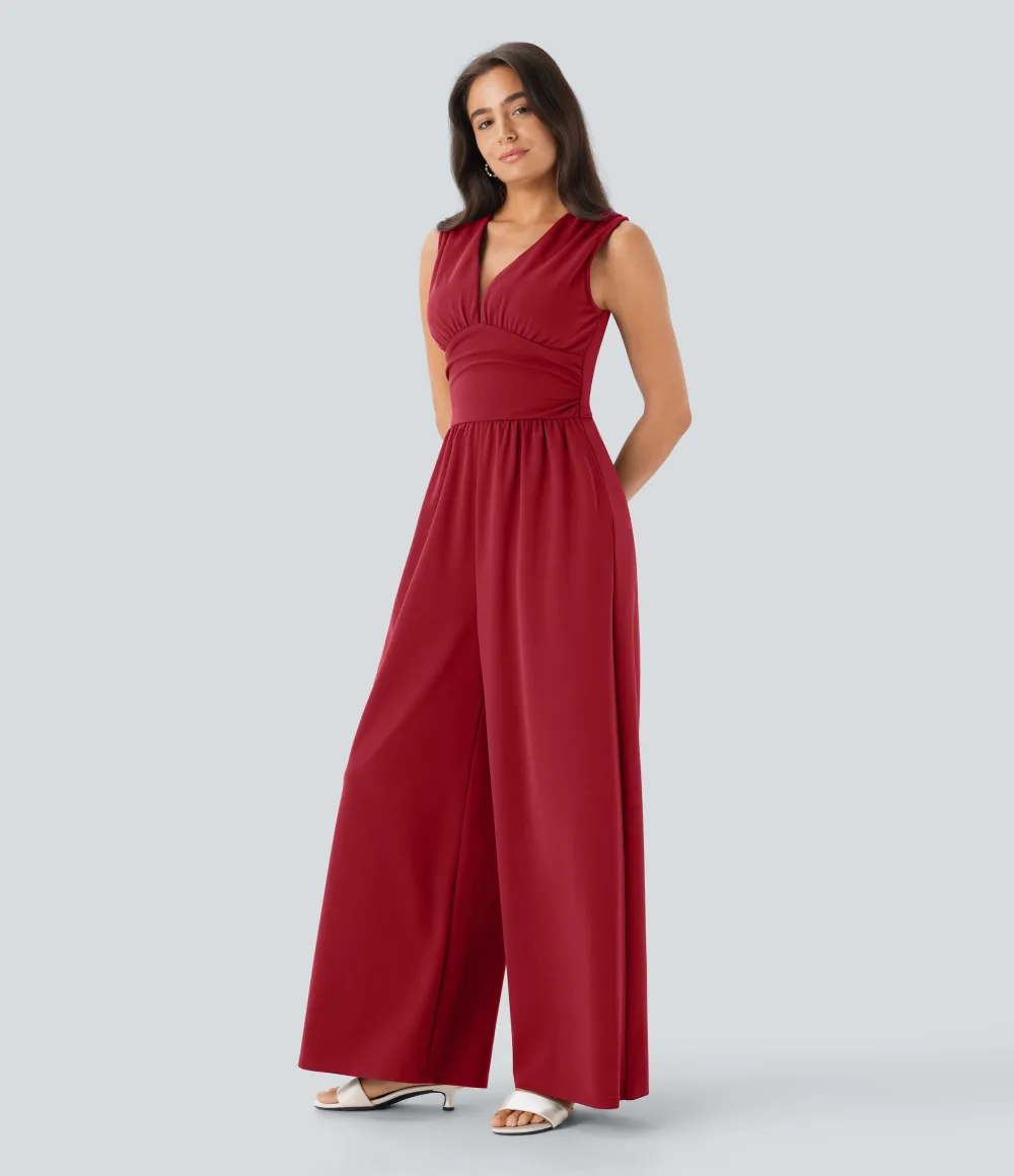 SculptKnit V Neck Sleeveless Ruched Pocket Jumpsuit-Easy Peezy