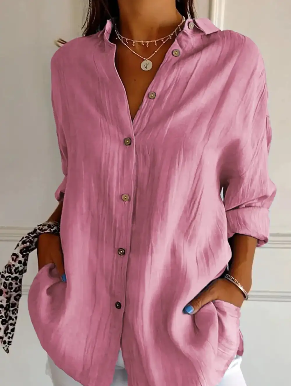 Button Detail Pleated Button-Up Shirt
