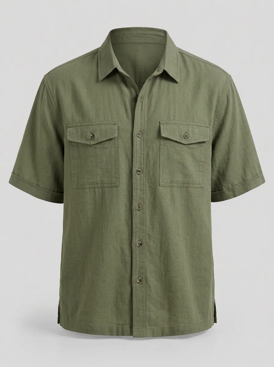 Men's Olive Green Utility Short-Sleeve Shirt - Design E