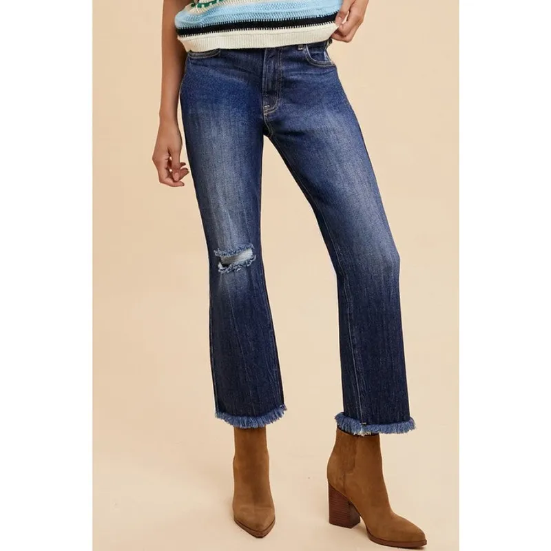 Distressed Raw-Hem Straight Leg Cropped Jeans