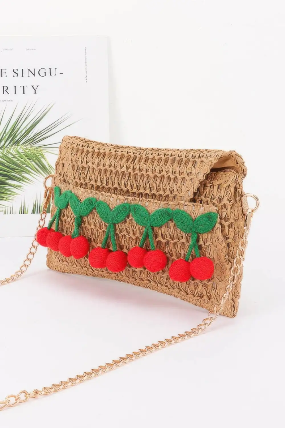 Woven Faux Straw Cherry Clutch Crossbody Bag