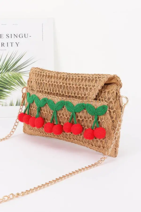 Woven Faux Straw Cherry Clutch Crossbody Bag