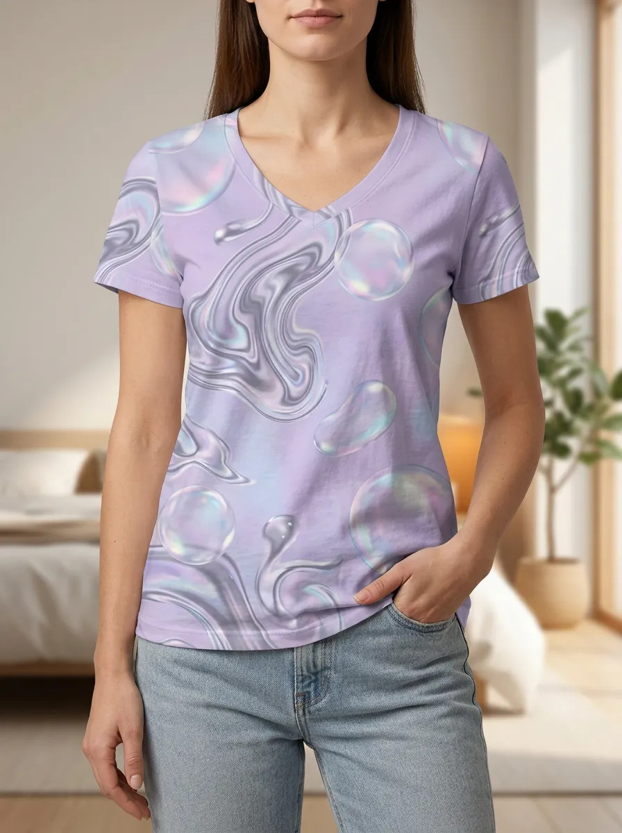 Women's Iridescent Bubble Liquid Swirl Printed V-Neck T-Shirt
