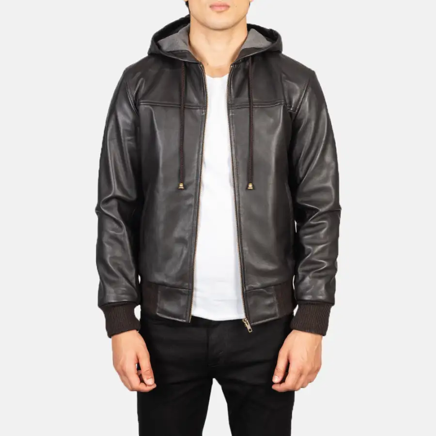 Men's Utility Bomber Hooded Leather Jacket