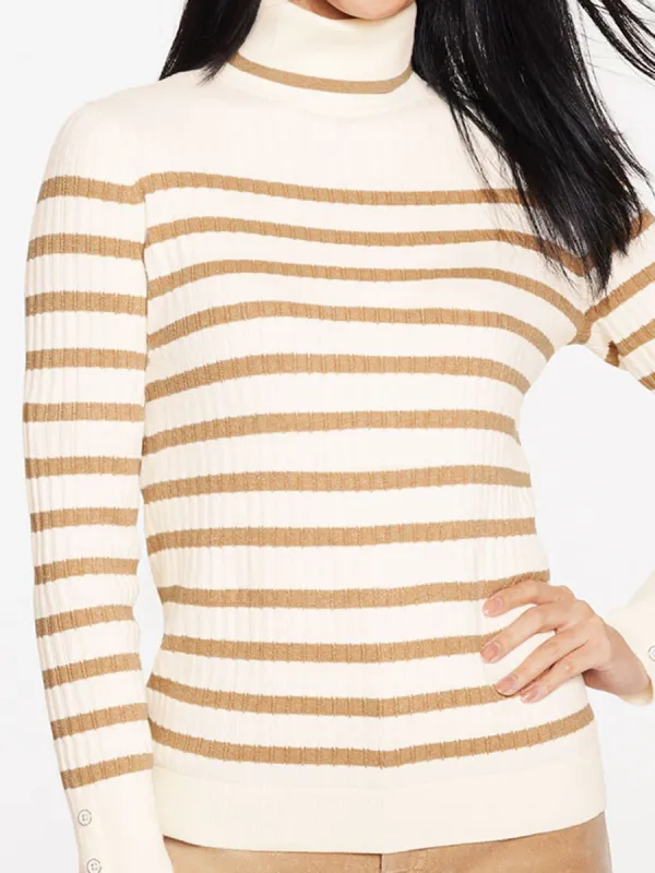 Lady'S Elegant Metallic Striped Versatile High Neck Sweater