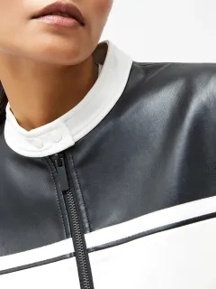 Creative Black And White Color Matching Fashionable Leather Jacket