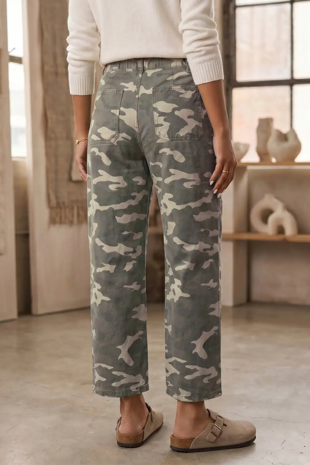 Women's Leopard Print Barrel Jeans With Drawstring Elastic Waist