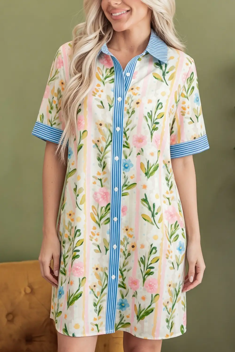 Floral Striped Button Front Mini Dress