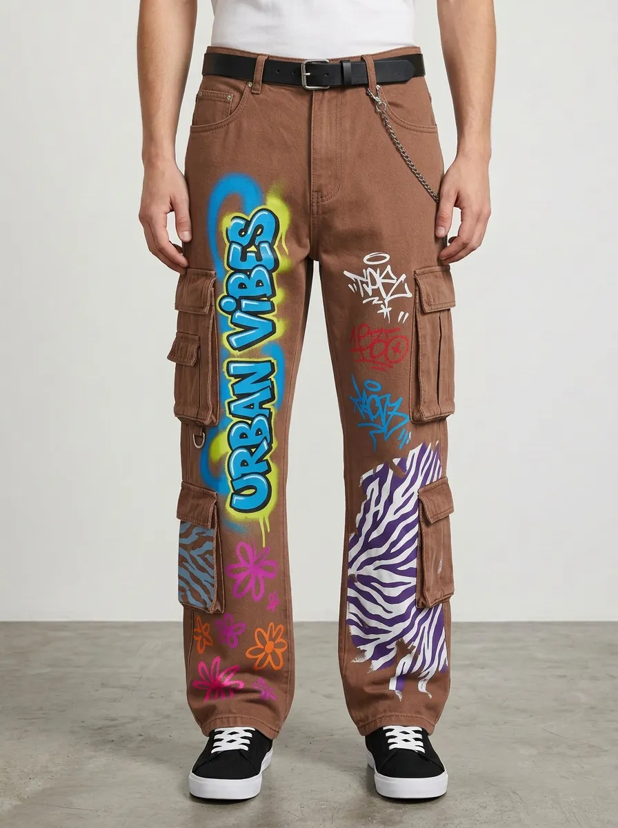 Men's Streetwear Urban Vibes Graffiti Zebra Graphic Cargo Jeans