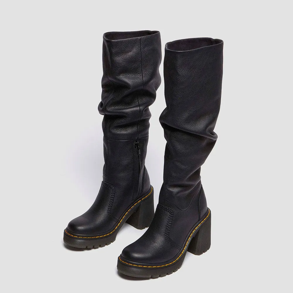 Faux-Leather Zip-Up Slouch Round-Toe Knee-High Boots