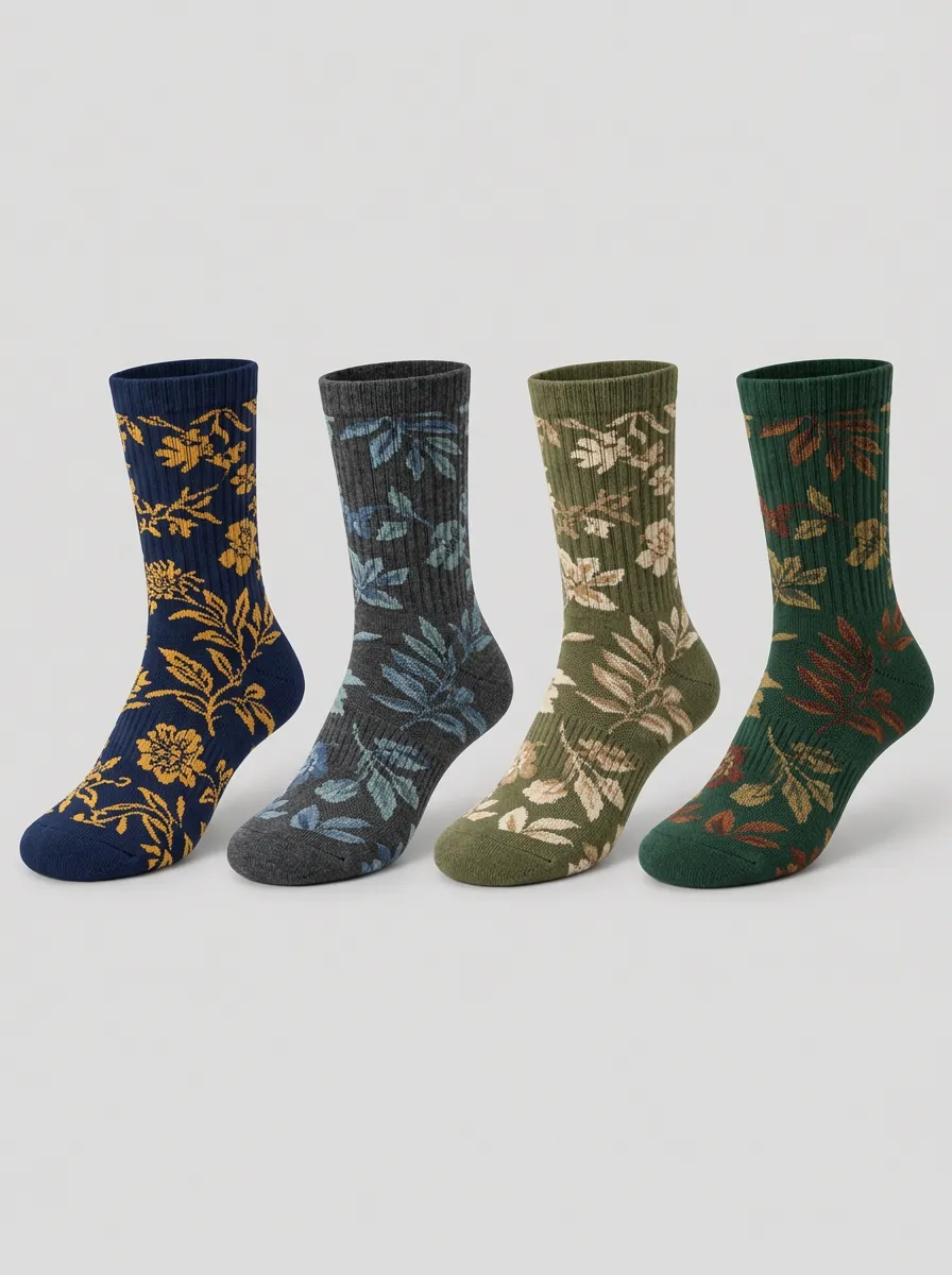 Men's Botanical Floral Pattern Printed Crew Socks 4-Pack