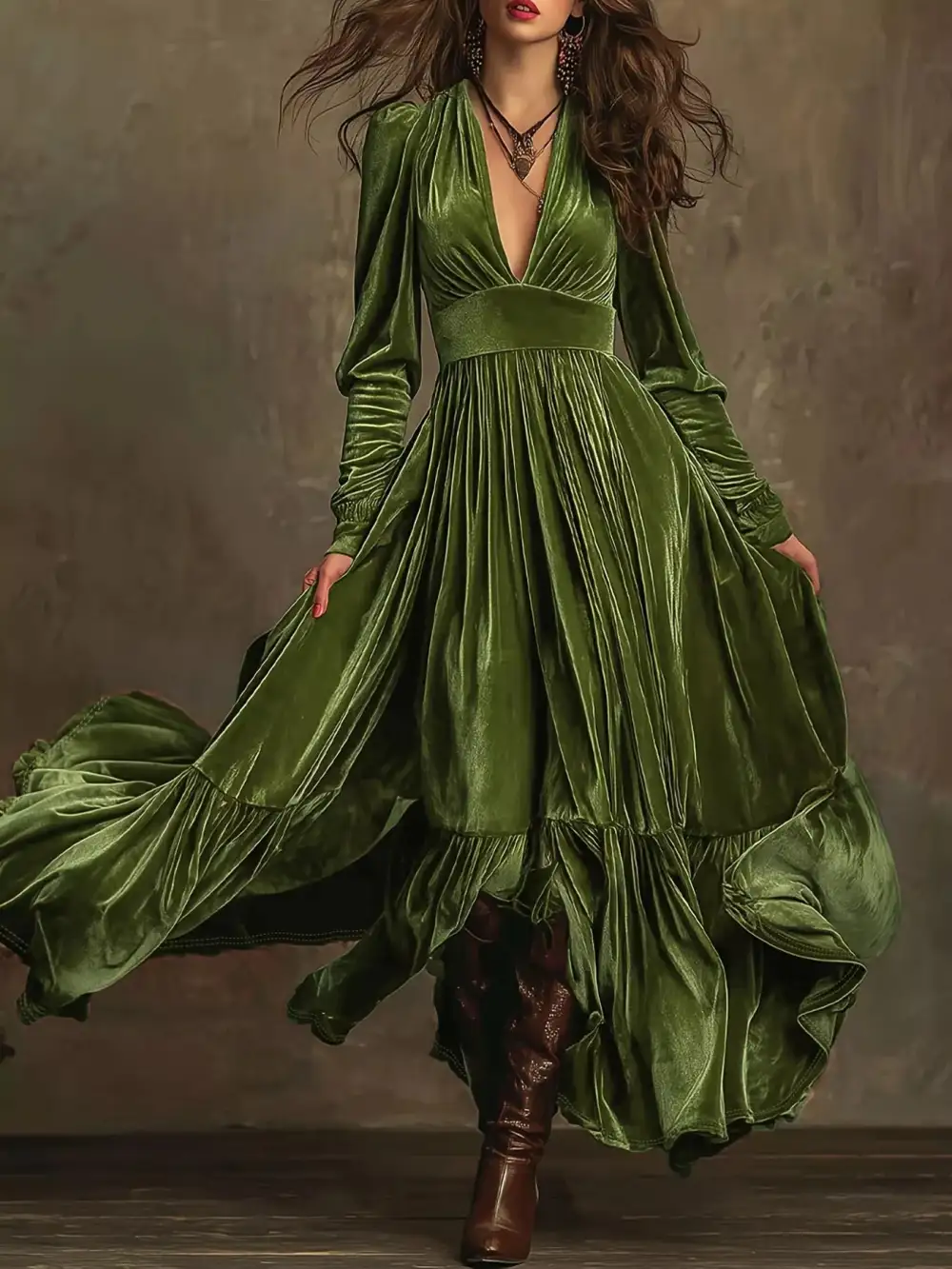 Textured Detail Ruffle Long Sleeve Dress
