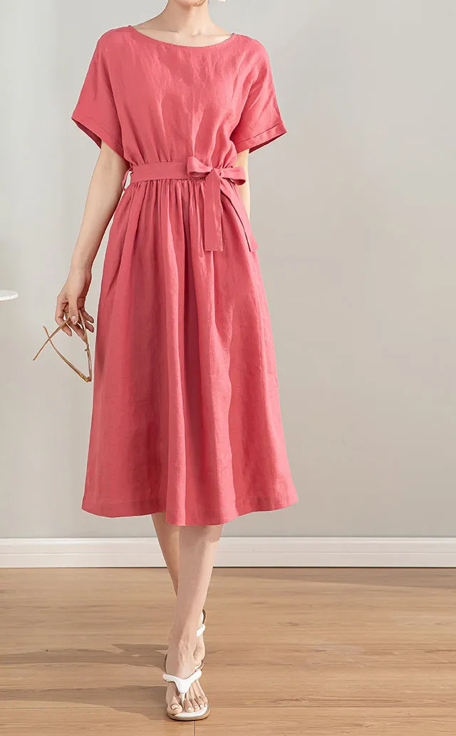 Relaxed Linen Cotton A Line Short Sleeve Midi Dress
