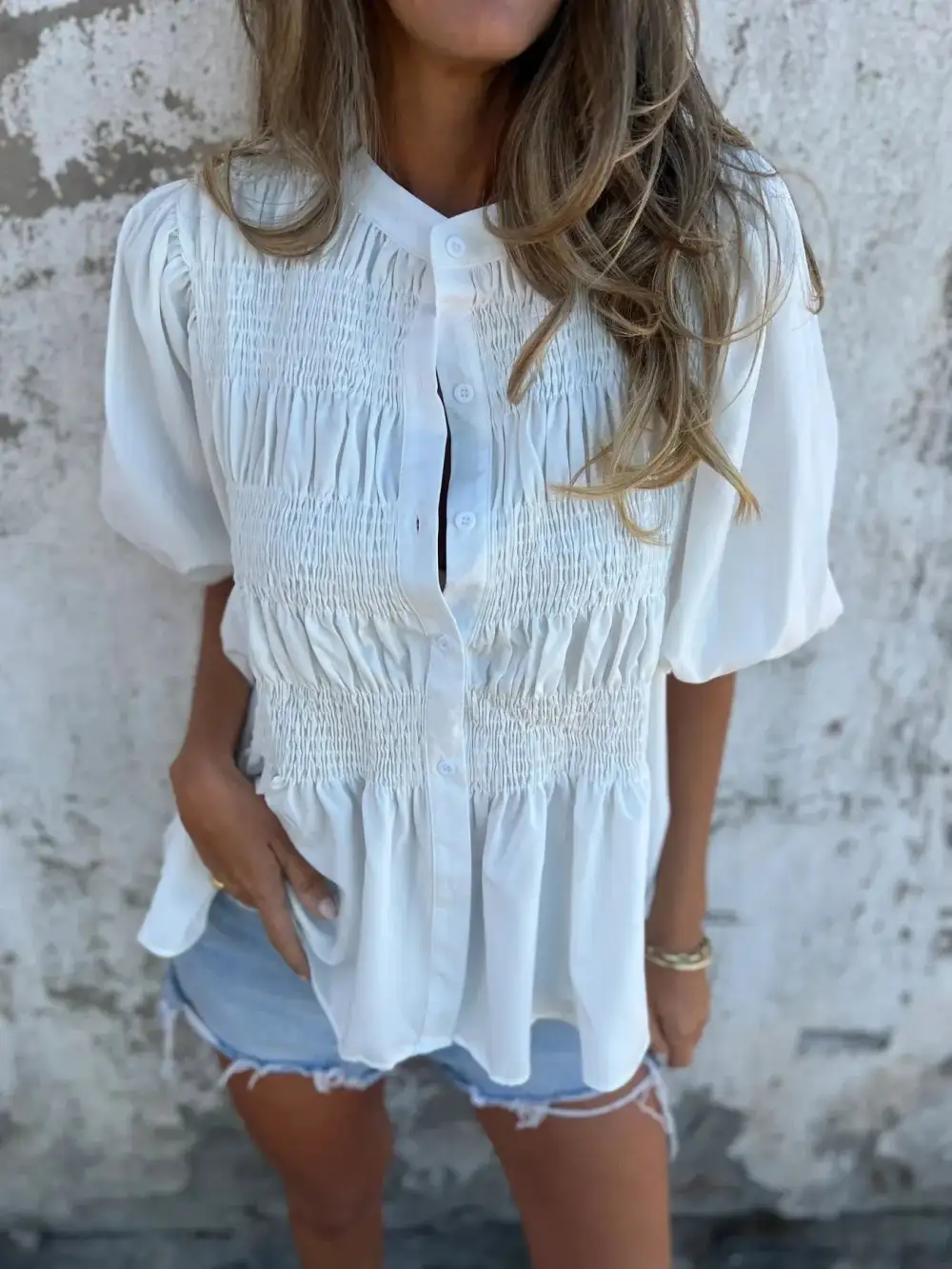 Smocked Puff-Sleeve Buttoned Blouse