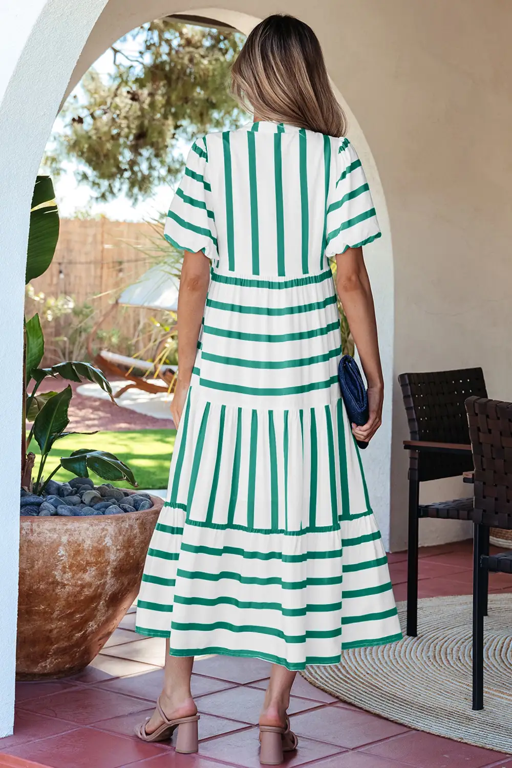 Women's Striped Notched Neck Half Sleeve Vacation Midi Dress