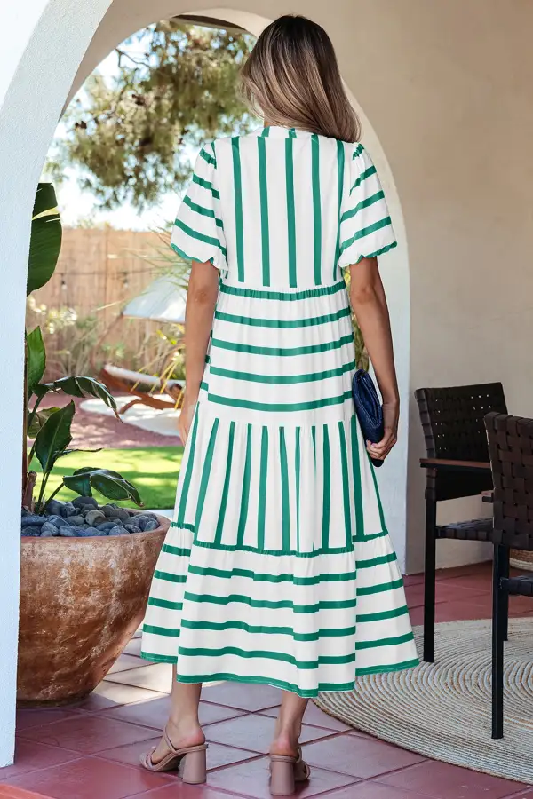Women's Striped Notched Neck Half Sleeve Vacation Midi Dress