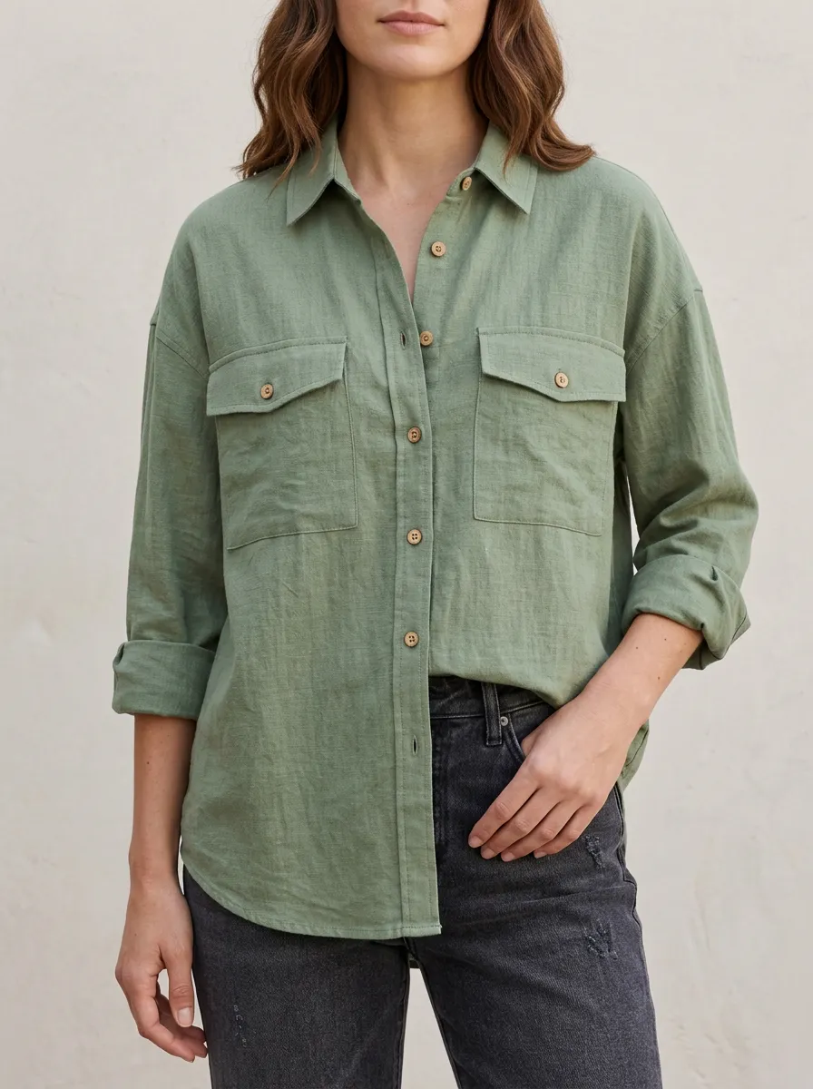 Women's Casual Olive Green Button-Down Linen Blend Shirt